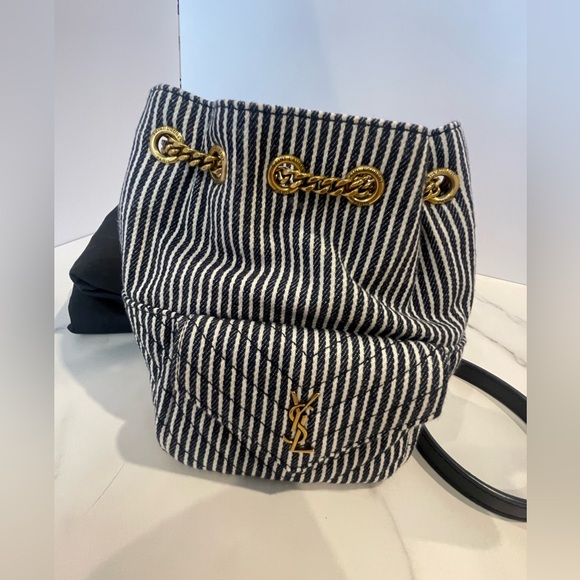 Saint Laurent YSL Monogram Striped Denim Joe Crossbody Chain Bucket Bag - Picture 3 of 8